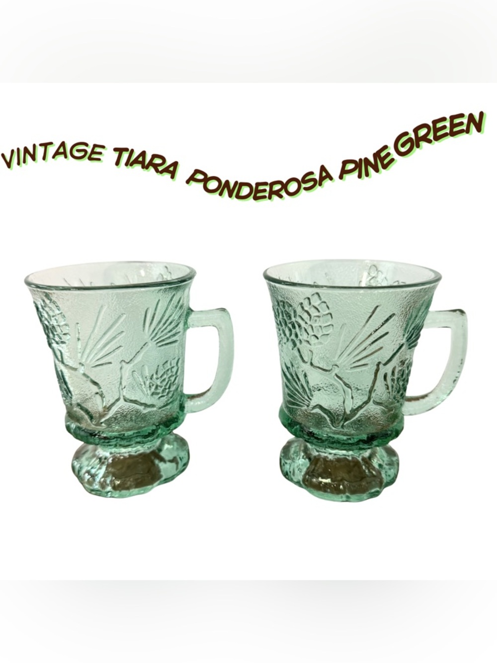 Vintage Tiara Ponderosa‎ Pine Green Glass Footed Mugs 4.5” Indiana Glass